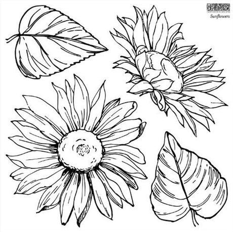 IOD Sunflowers Stamp featuring line art of two sunflowers and leaves.