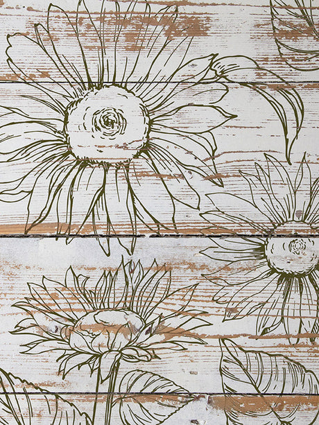 Sunflower line art created with IOD Sunflowers Stamp on distressed white wood background.