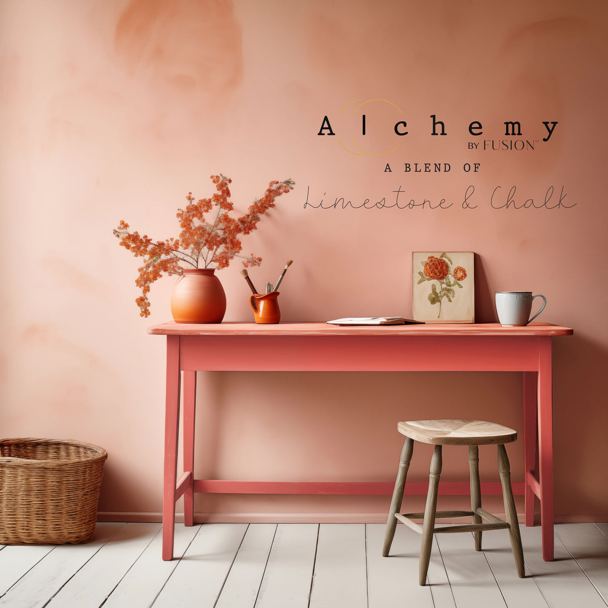 Desk painted with Sunset Alchemy by Fusion Mineral Paint, with orange flowers, mug, basket, and stool nearby.