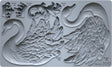 I.O.D. Swans Mould by Iron Orchid Designs, gray silicone, shows two swans, ornate leaves, and volume/weight labels.