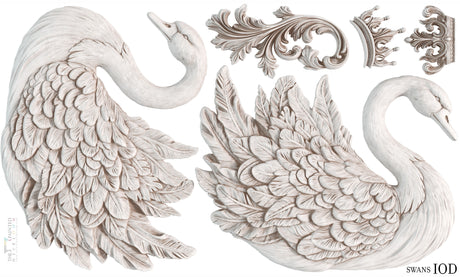 Swan illustration with scrollwork and crown, inspired by Swans Mould from IOD - Iron Orchid Designs.