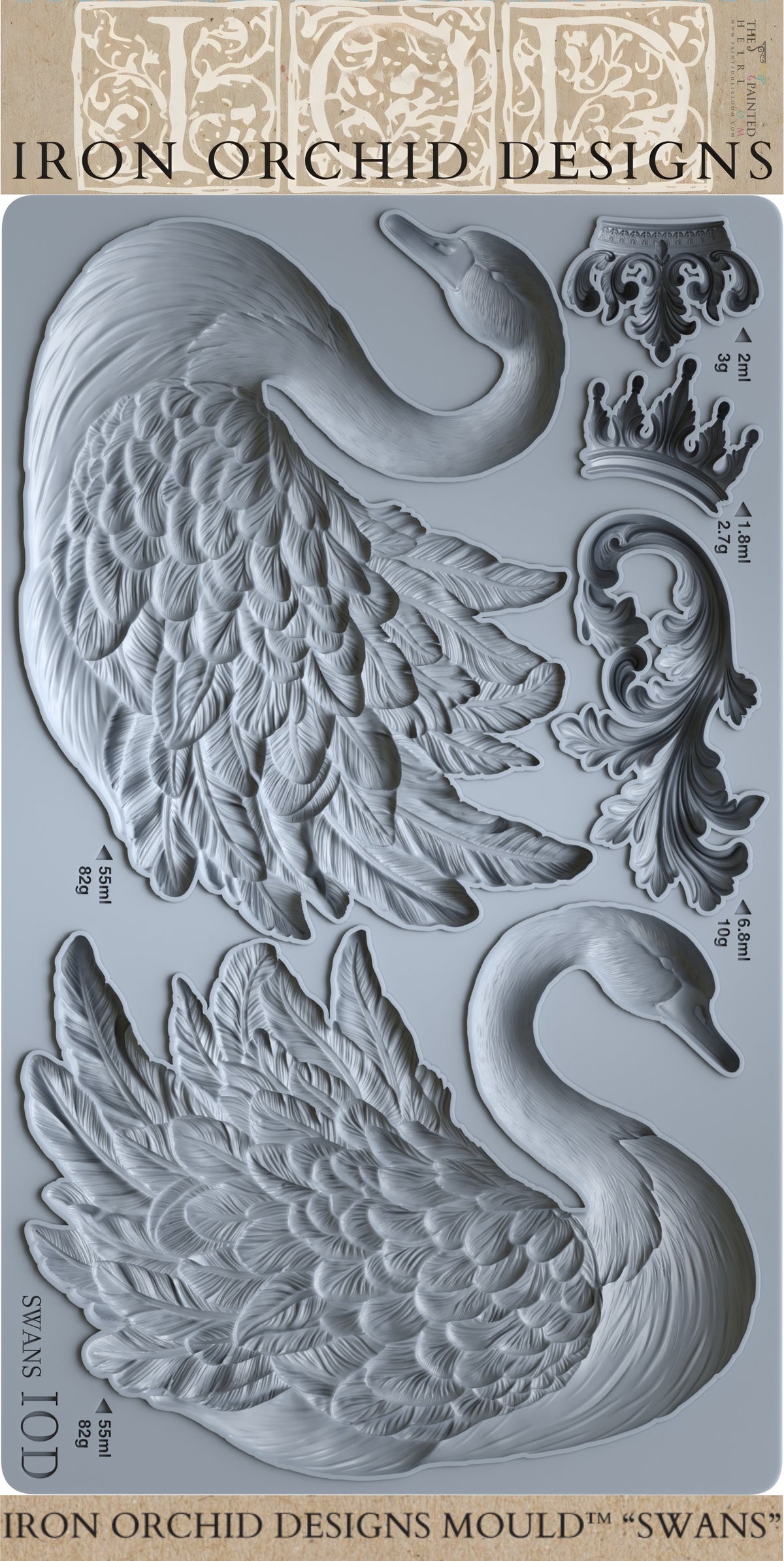 I.O.D. Silicone Swans Mould featuring swan, crown, and bird shapes for decorative use.