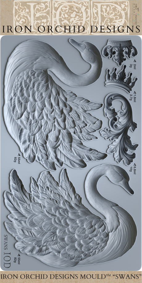 I.O.D. Silicone Swans Mould featuring swan, crown, and bird shapes for decorative use.