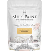 Homestead House Swedish Yellow Milk Paint, 330g bag, with rustic barn and floral-themed packaging.