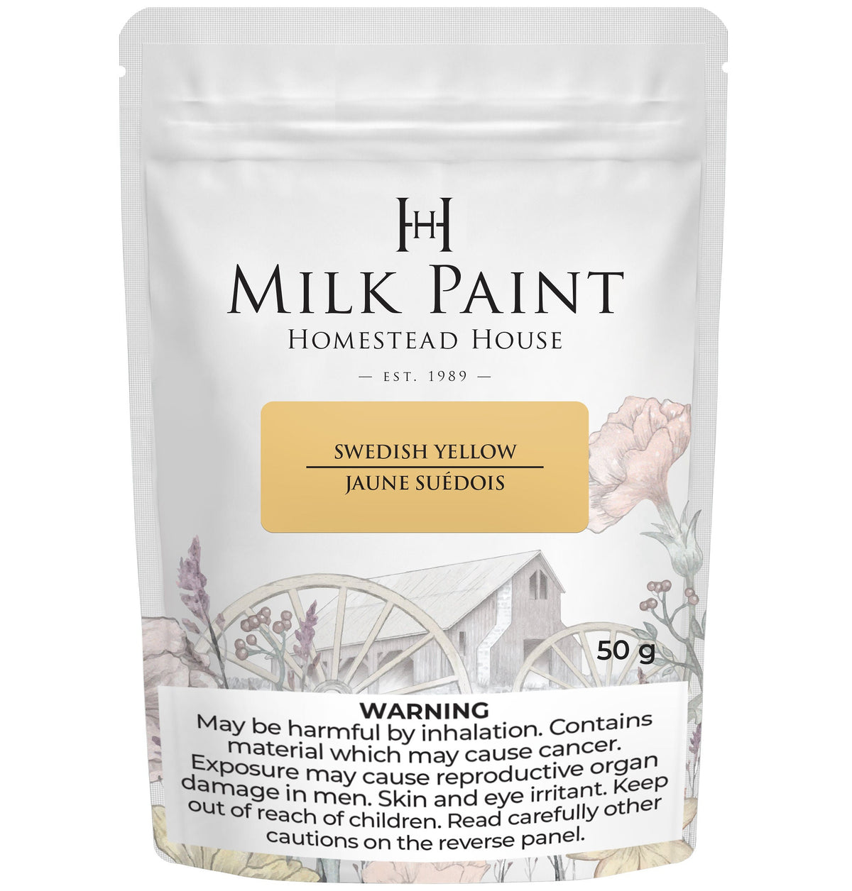Homestead House Swedish Yellow Milk Paint, 50g bag, with floral and wagon wheel artwork on the label.