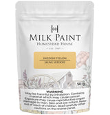 Homestead House Swedish Yellow Milk Paint, 50g bag, with floral and wagon wheel artwork on the label.