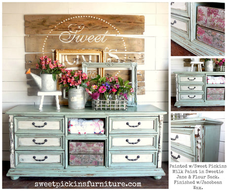 Dresser painted in Sweetie Jane by Old Fashioned Milk Paint with floral detail and decorative items on top.