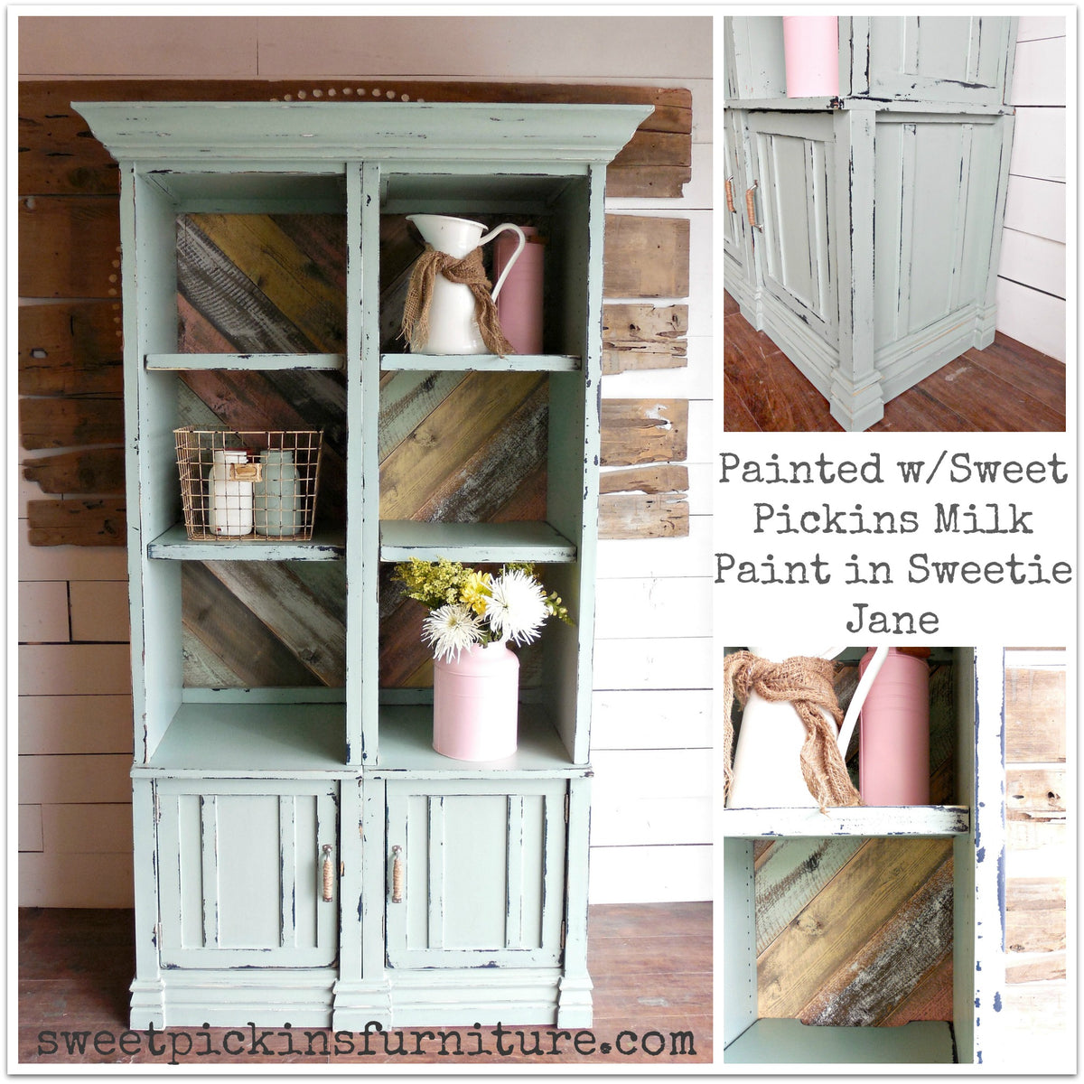 Mint green cabinet with rustic wood back, finished in Sweetie Jane by Old Fashioned Milk Paint, with open shelves and doors.