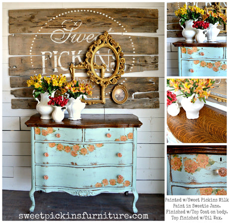 Blue Sweetie Jane dresser painted with Old Fashioned Milk Paint and floral accents.