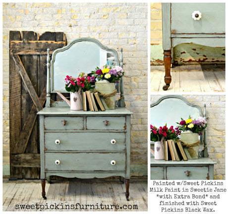 Vintage dresser painted with Sweetie Jane by Old Fashioned Milk Paint, shown holding flowers, books, and a kettle.