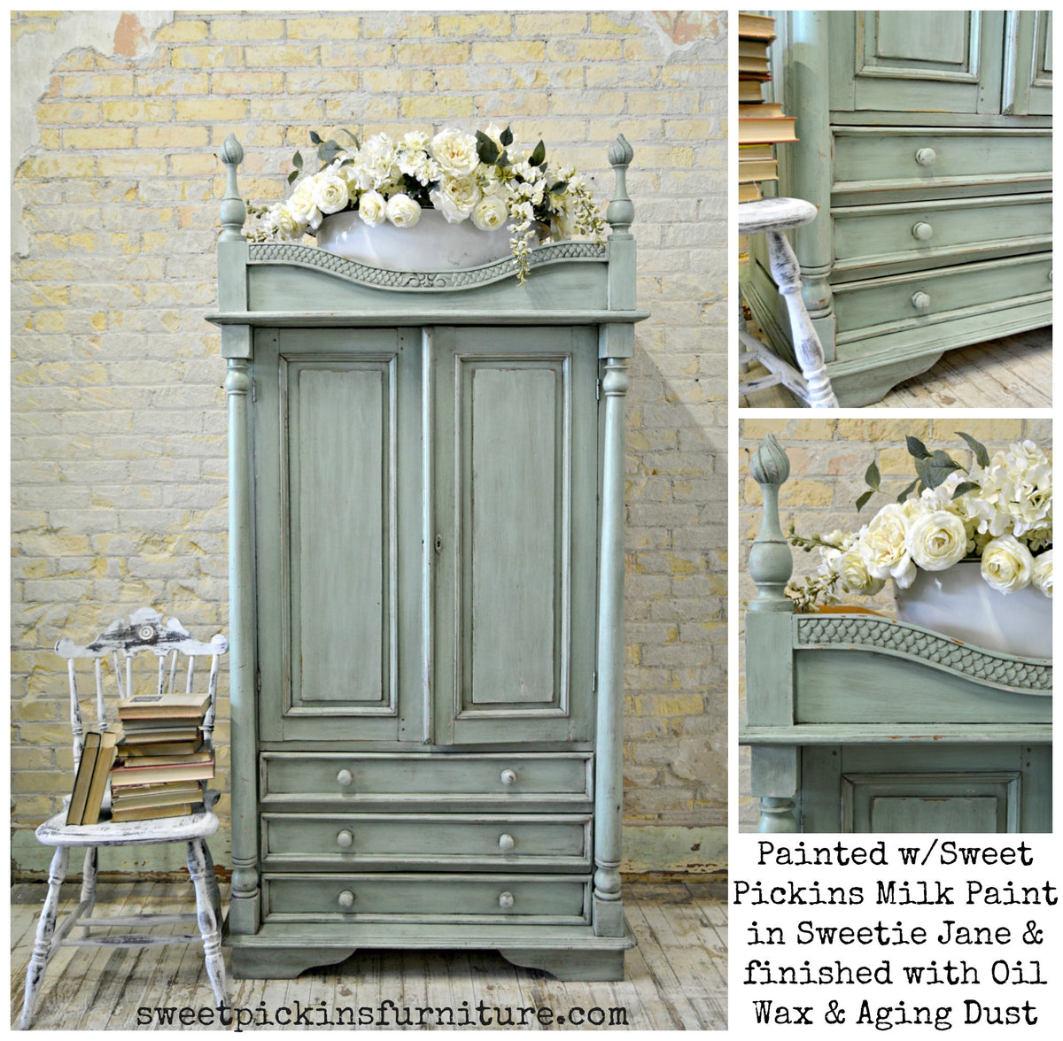Vintage armoire painted Sweetie Jane by Old Fashioned Milk Paint next to a chair with stacked books.