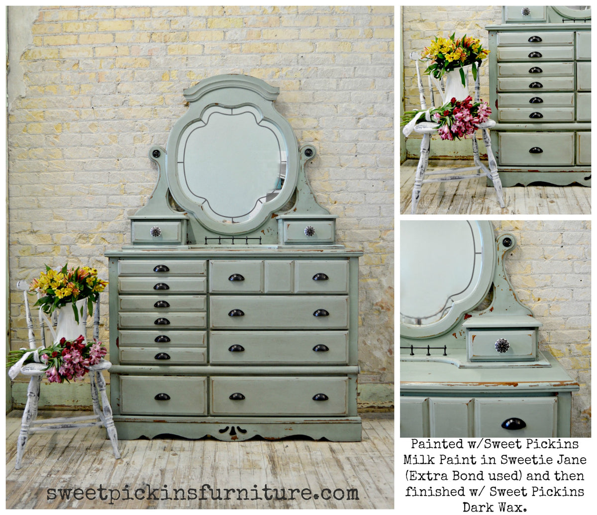 Vintage dresser in Sweetie Jane by Old Fashioned Milk Paint with black knobs.