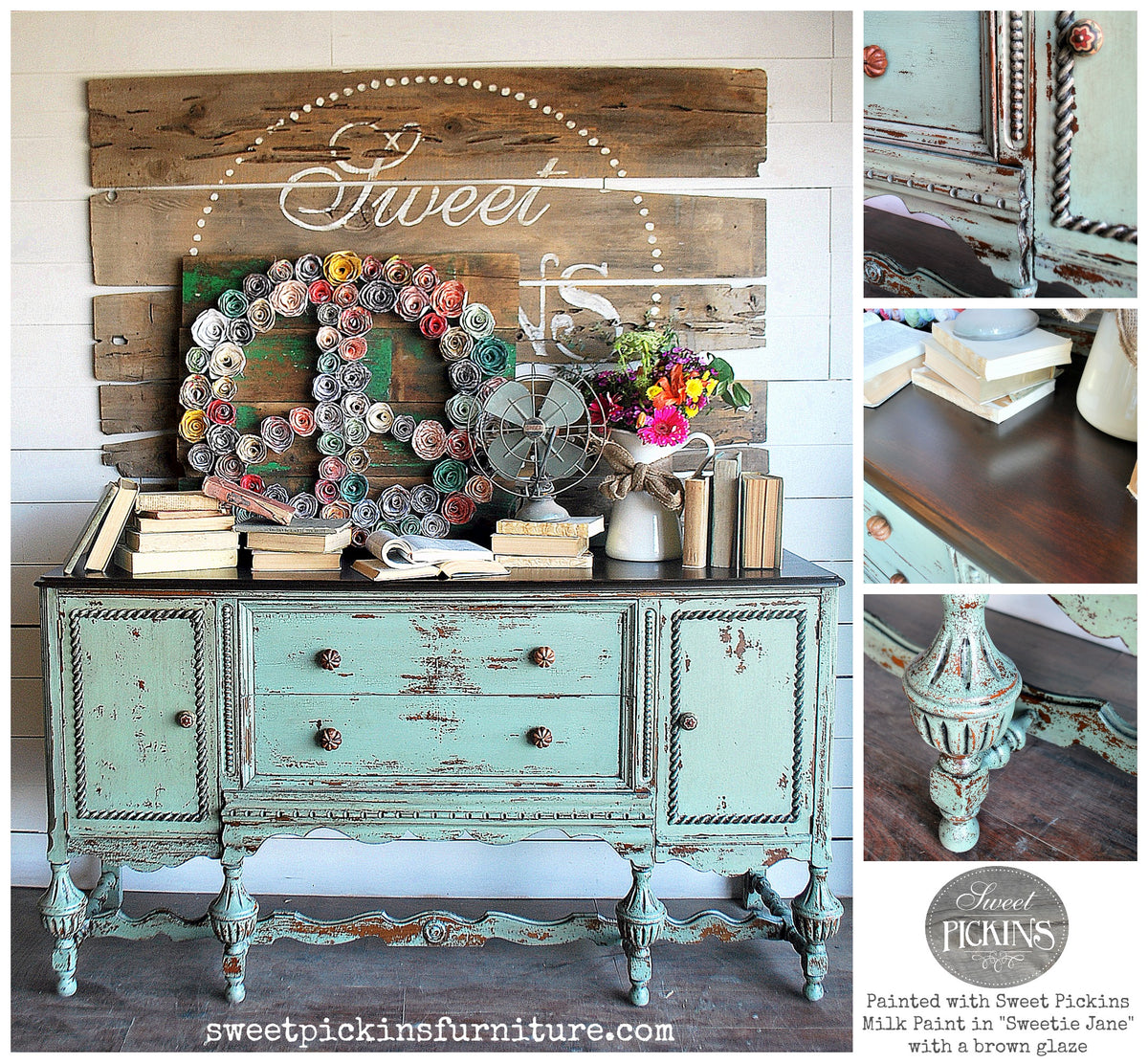 Sideboard finished in Sweetie Jane by Old Fashioned Milk Paint, styled with vintage décor, books, and flowers.