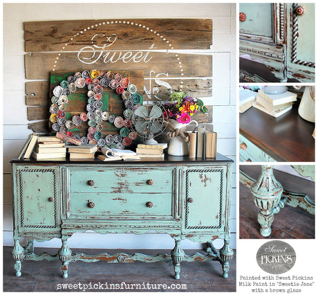 Sideboard finished in Sweetie Jane by Old Fashioned Milk Paint, styled with vintage décor, books, and flowers.