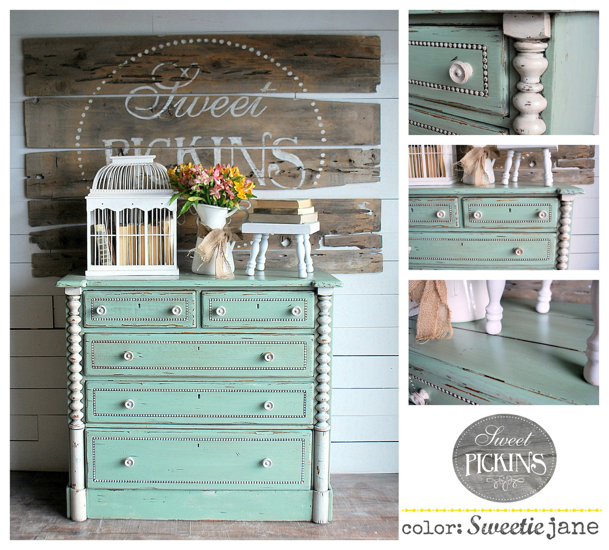 Mint green dresser painted with Sweetie Jane by Old Fashioned Milk Paint, topped with decor, flowers, and a birdcage.