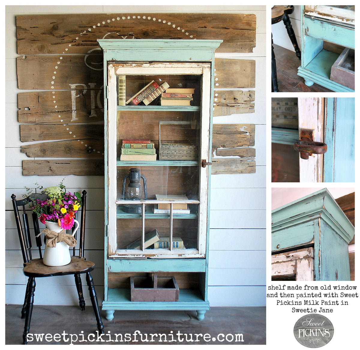 Tall wood cabinet with shelves, painted Sweetie Jane by Old Fashioned Milk Paint.
