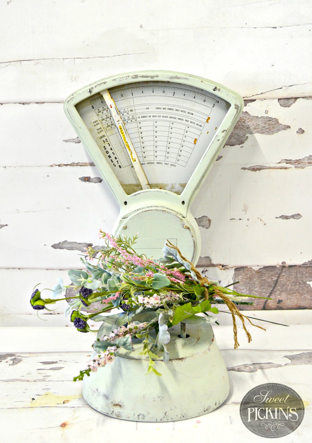 Vintage kitchen scale with faux flowers on wood painted in Old Fashioned Milk Paint Sweet Pickins by Sweetwater.