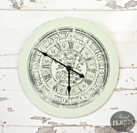 Vintage wall clock with Roman numerals, finished in Sweet Pickins Old Fashioned Milk Paint: Sweetwater.