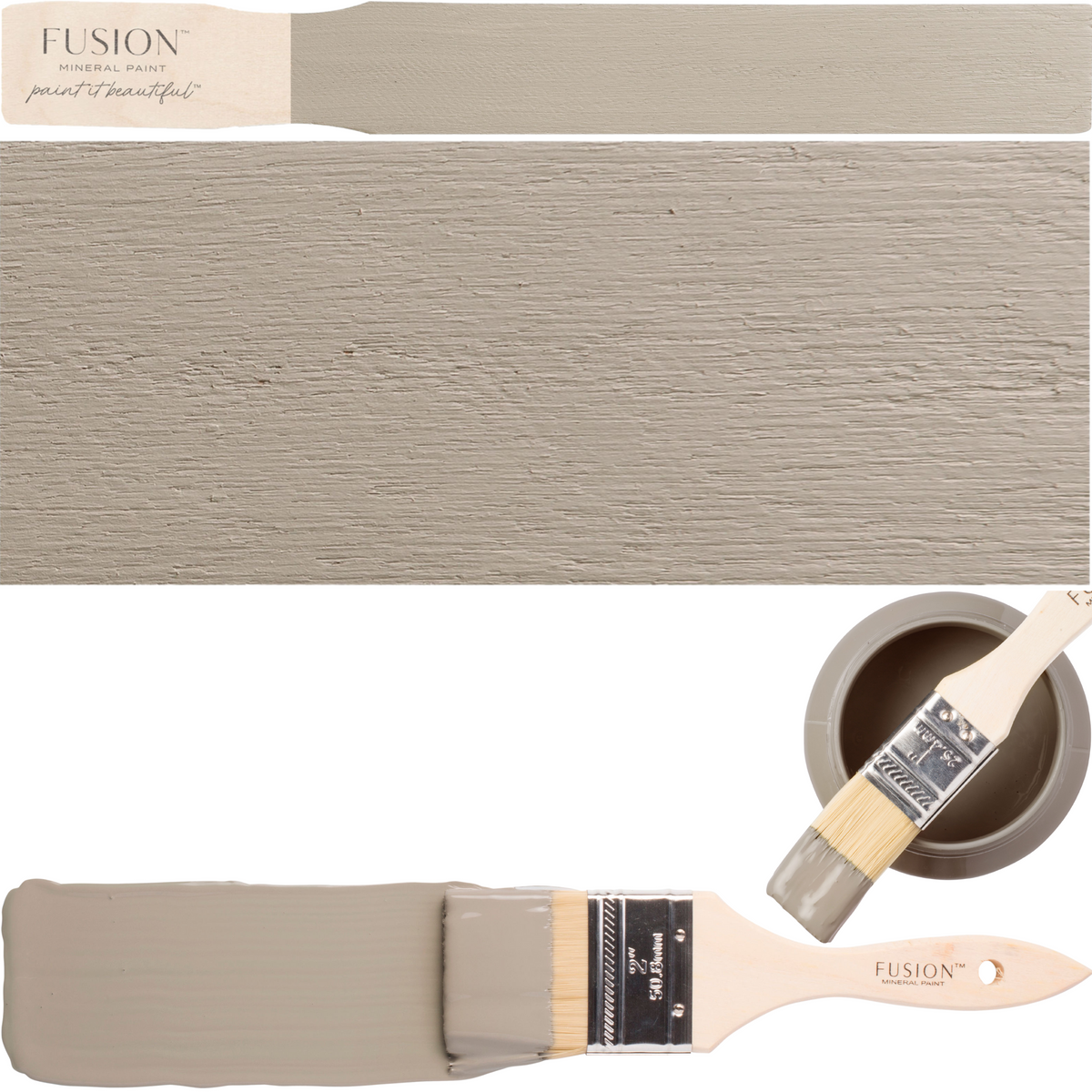DIY paintbrush, taupe wooden plank, and Fusion Mineral Paint Tapestry shade shown together for color reference.