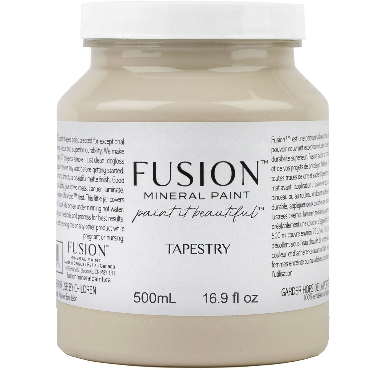 500mL jar of Tapestry Fusion Mineral Paint with product details shown on the label.