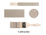 Fusion Mineral Paint Tapestry shown with swatch, brush, and open can revealing its taupe acrylic paint.
