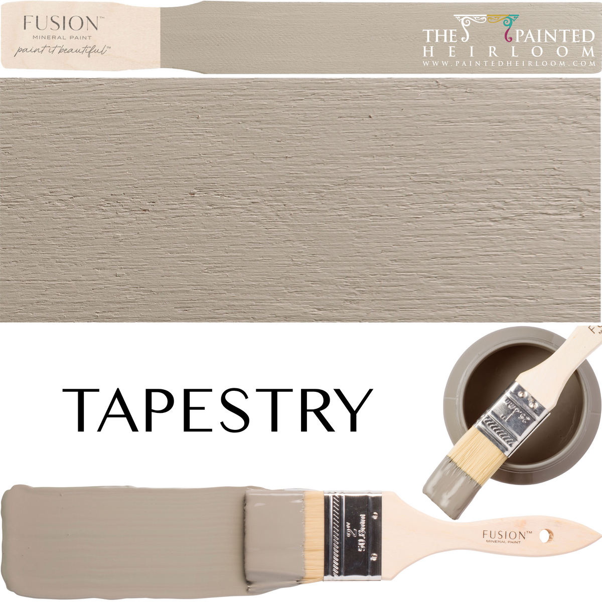 Brush, taupe Tapestry Fusion Mineral Paint swatch, and open can with label displayed together.