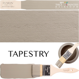 Brush, taupe Tapestry Fusion Mineral Paint swatch, and open can with label displayed together.