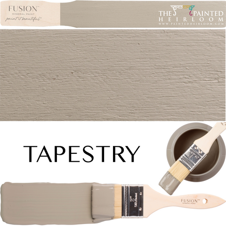 Brush, taupe Tapestry Fusion Mineral Paint swatch, and open can with label displayed together.