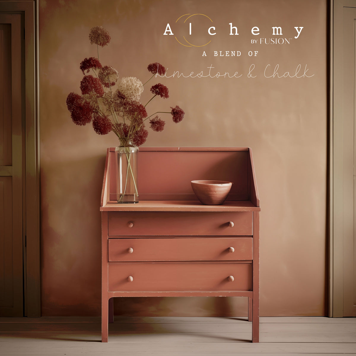 Dresser painted with Fusion Mineral Paint in Terracotta Alchemy, styled with bowl and dried flowers in a vase.
