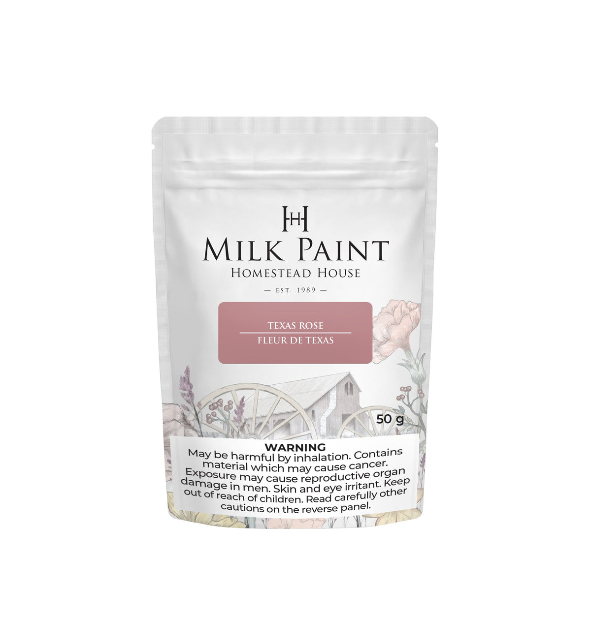 50g Texas Rose Milk Paint pouch by Homestead House with illustrated barn and front warning label.