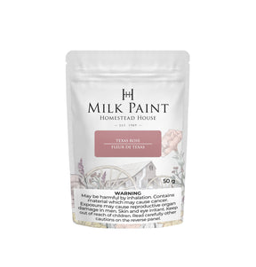 50g Texas Rose Milk Paint pouch by Homestead House with illustrated barn and front warning label.