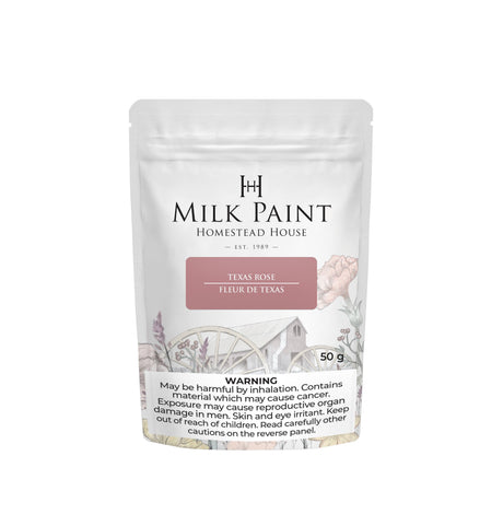 50g Texas Rose Milk Paint pouch by Homestead House with illustrated barn and front warning label.