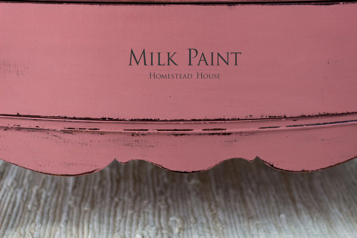 Wood painted in Texas Rose Milk Paint by Homestead House, featuring “Milk Paint Homestead House” text.