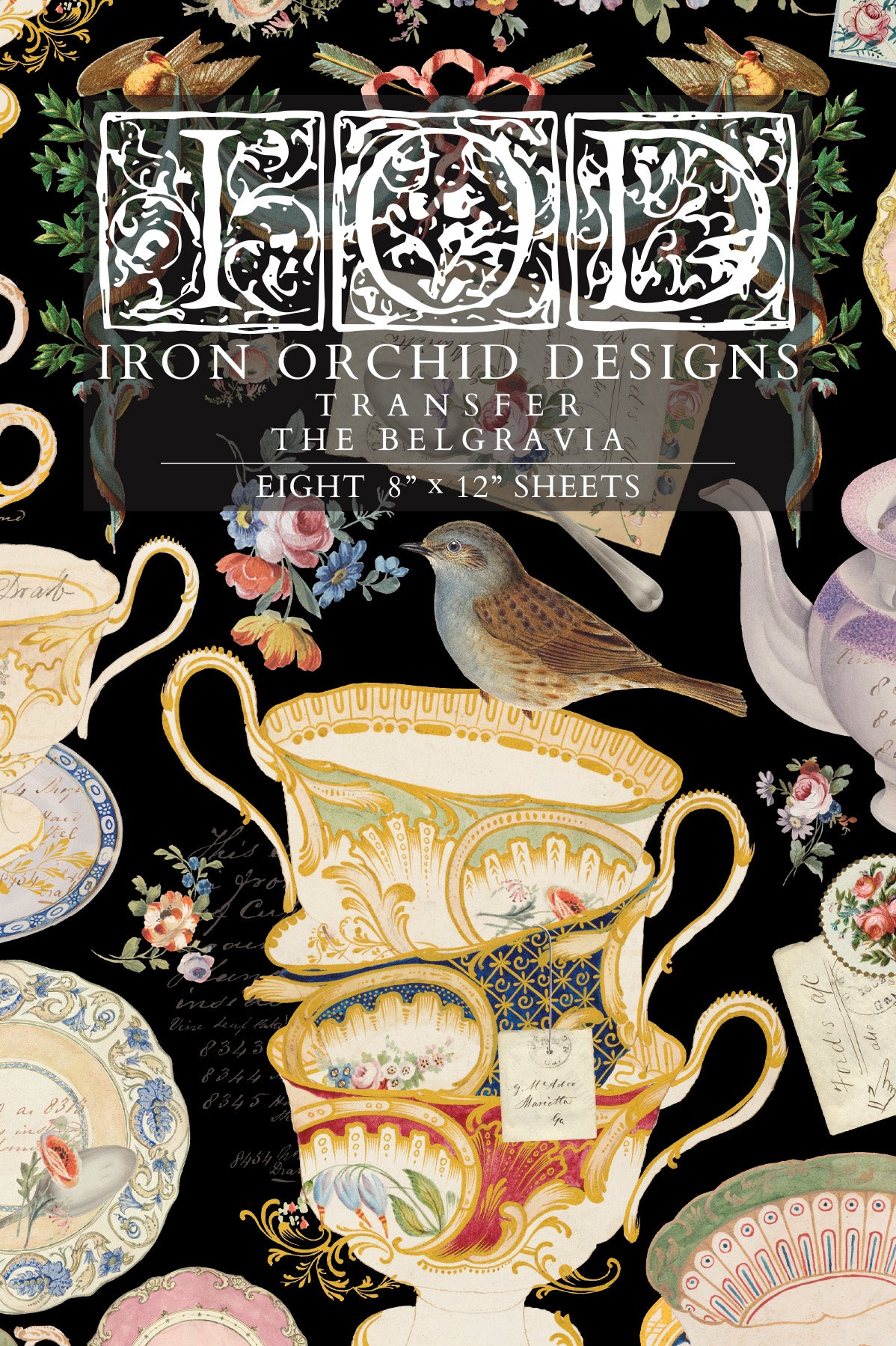 The Belgravia Transfer by Iron Orchid Designs: vintage teacups, florals, and birds on a black background.