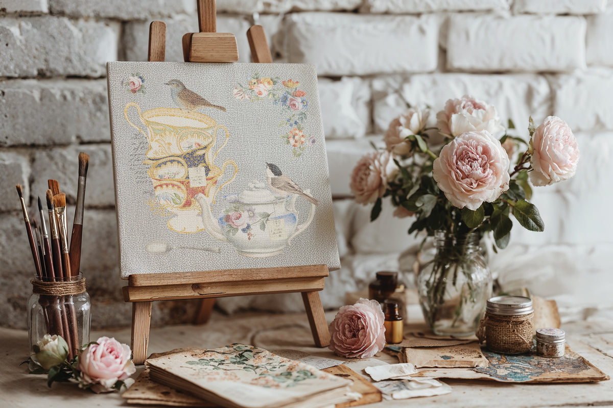 The Belgravia Transfer by I.O.D. features ornate vases, birds, and tableware on an easel with paintbrushes and flowers.