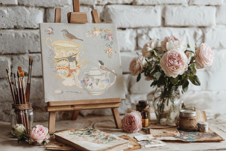 The Belgravia Transfer by I.O.D. features ornate vases, birds, and tableware on an easel with paintbrushes and flowers.