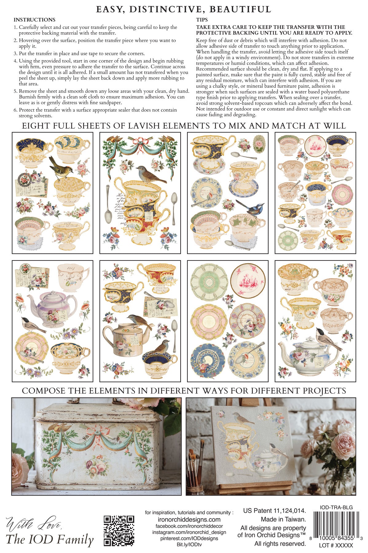 Twelve-panel display of teacup art ideas featuring I.O.D. The Belgravia Transfer by Iron Orchid Designs.