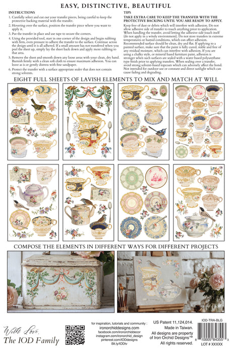 Twelve-panel display of teacup art ideas featuring I.O.D. The Belgravia Transfer by Iron Orchid Designs.