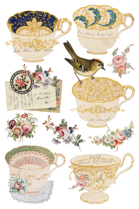 The Belgravia Transfer by IOD with four vintage teacups, bird, flowers, and letters on white. Brand: I.O.D.