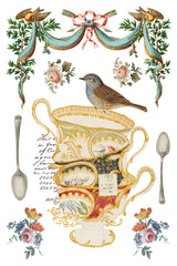 A brown bird sits on teacups amid vintage ribbon and ornate tableware in The Belgravia Transfer by I.O.D.