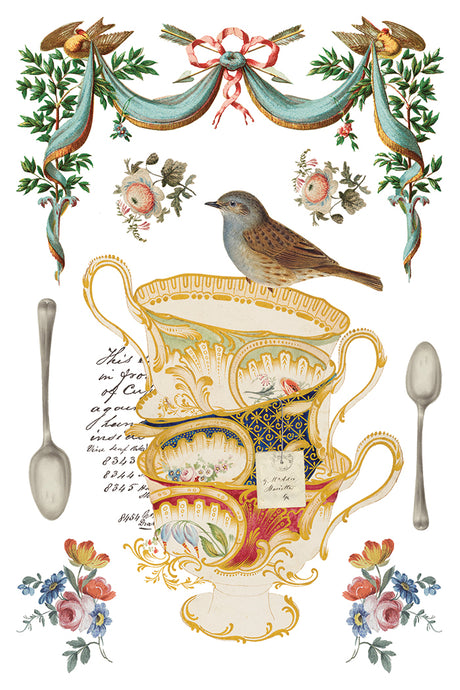 A brown bird sits on teacups amid vintage ribbon and ornate tableware in The Belgravia Transfer by I.O.D.
