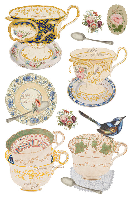 The Belgravia Transfer by IOD with vintage teacups, saucers, flowers, and bird on white background.