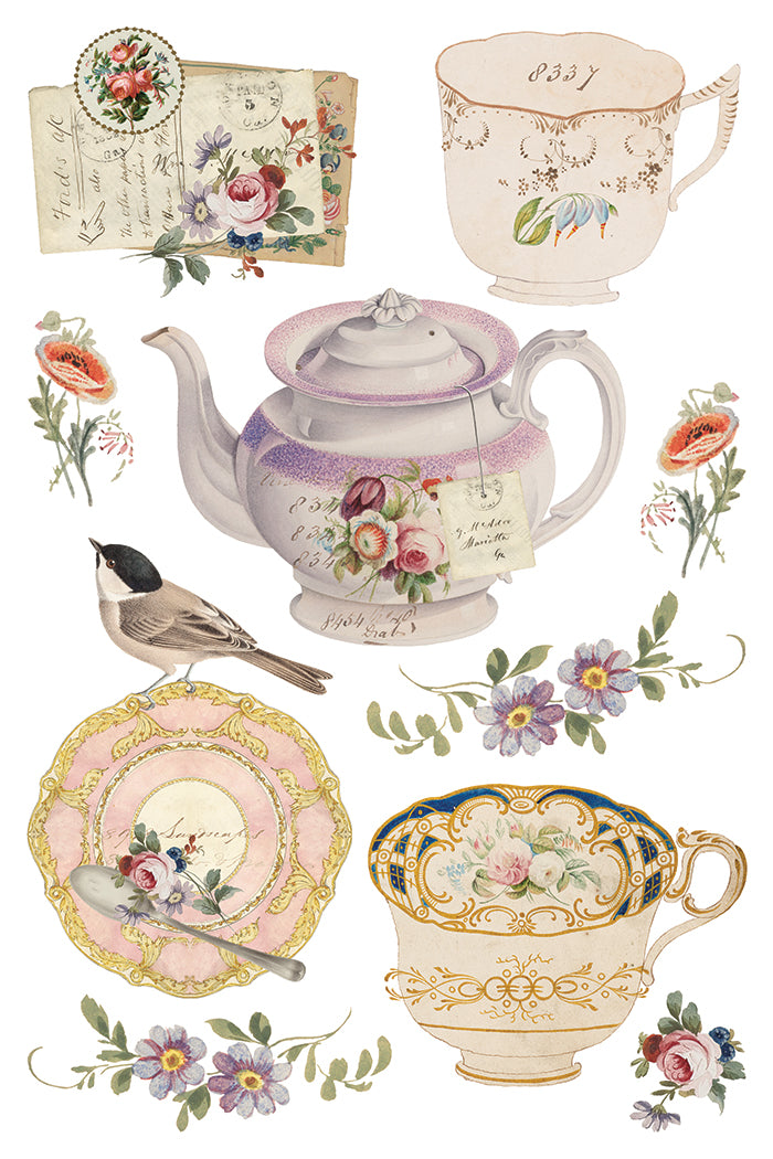 The Belgravia Transfer by IOD featuring vintage teacups, flowers, birds, and letters on a white background.