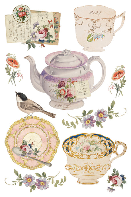 The Belgravia Transfer by IOD featuring vintage teacups, flowers, birds, and letters on a white background.