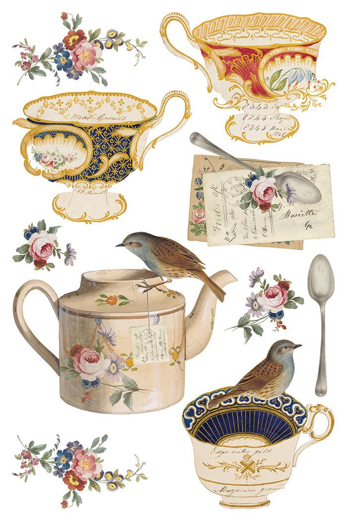 Belgravia Transfer by IOD featuring vintage teacups, teapot, spoon, florals, handwritten notes, and brown birds.