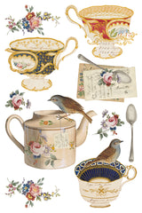 Belgravia Transfer by IOD featuring vintage teacups, teapot, spoon, florals, handwritten notes, and brown birds.