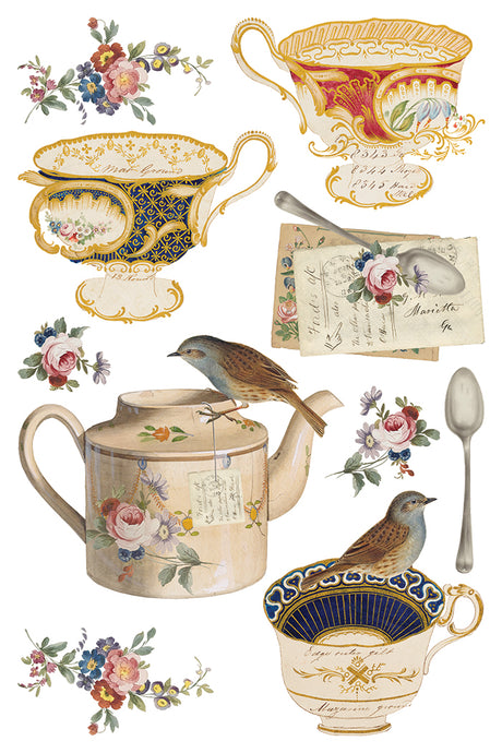 Belgravia Transfer by IOD featuring vintage teacups, teapot, spoon, florals, handwritten notes, and brown birds.