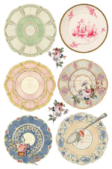 Six vintage plates with floral patterns from The Belgravia Transfer by IOD, Iron Orchid Designs collection.