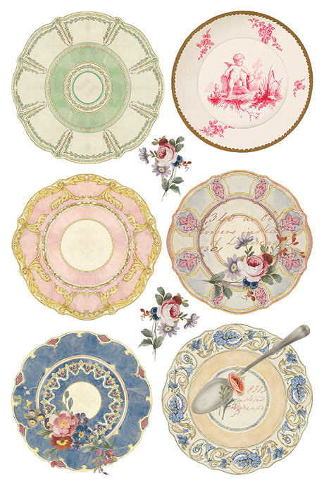 Six vintage plates with floral patterns from The Belgravia Transfer by IOD, Iron Orchid Designs collection.