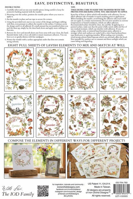 Instruction sheet with I.O.D. Bramblewood Diaries (2026) Transfer, months, tips, and botanical grid layout.